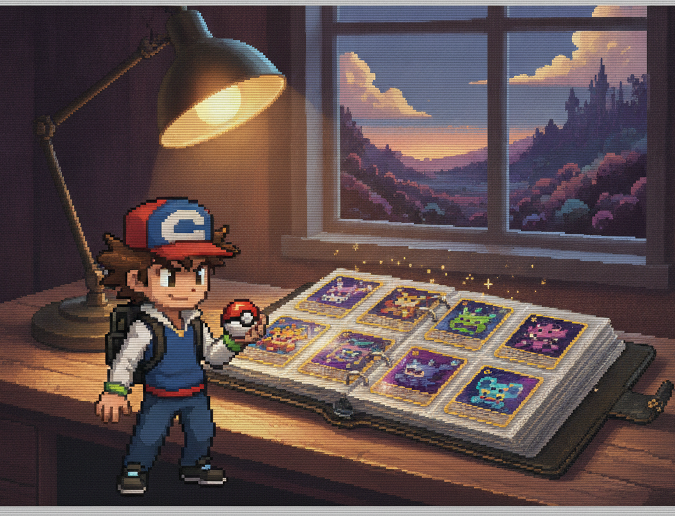Collector with an open binder of holo cards